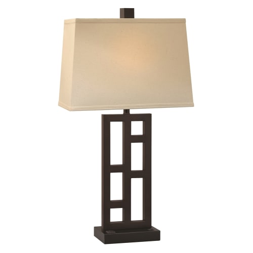 Single Nightstand Lamp, 31"H, 1 Outlet, Black / Expresso, Light Beige Shade
